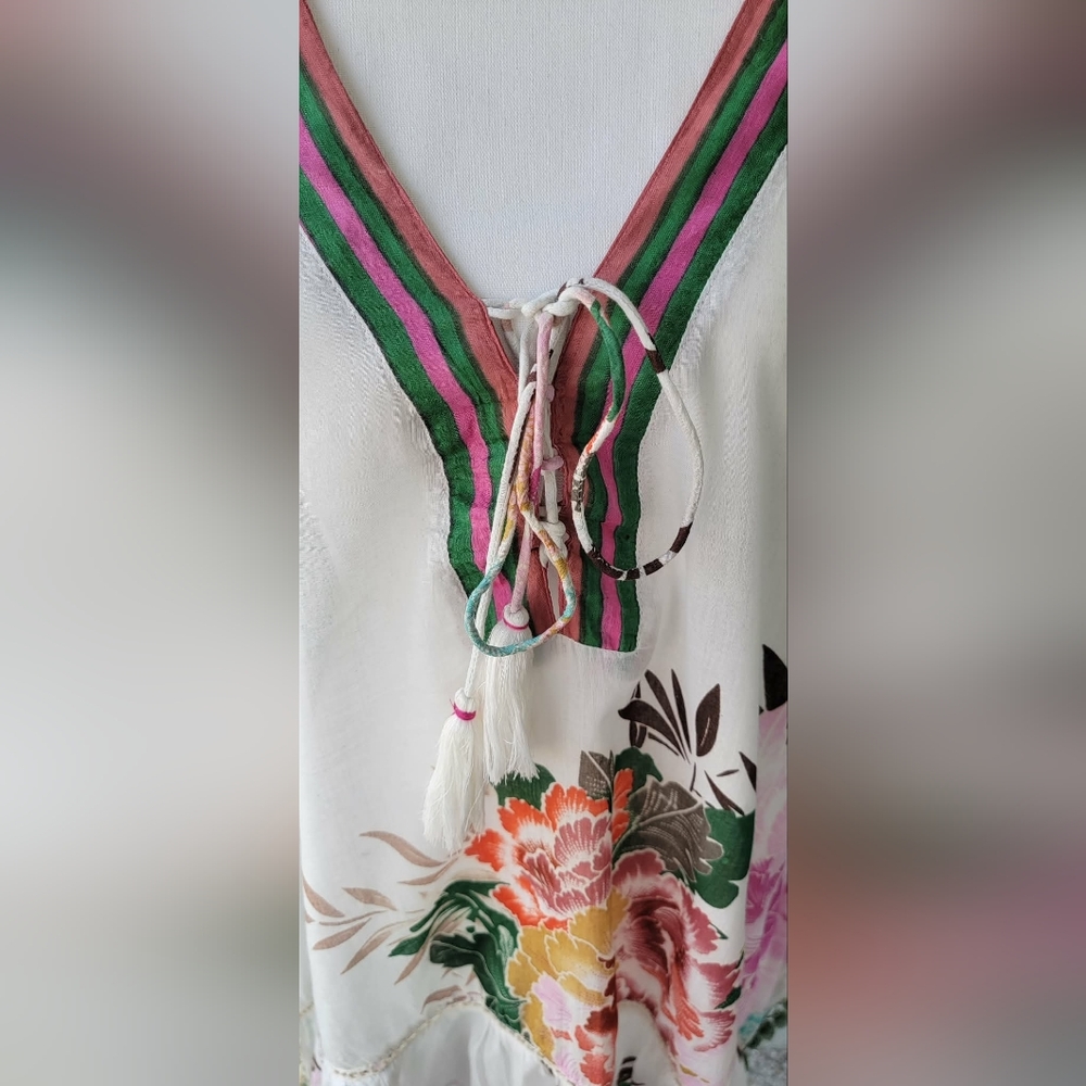 Z&L Made With Love Floral Boho Tunic Top XL | Sheer Cotton Kaftan Blouse Tassel - Picture 4 of 9
